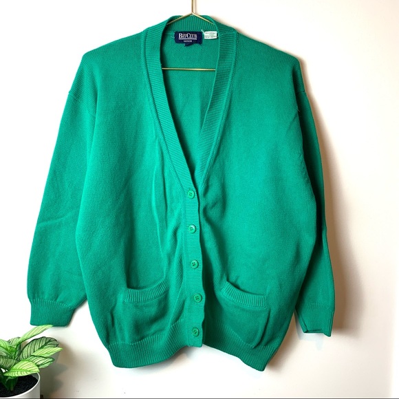 1980s Vintage Bay Club Men’s Green Cardigan Sweater Sz M - Picture 1 of 14